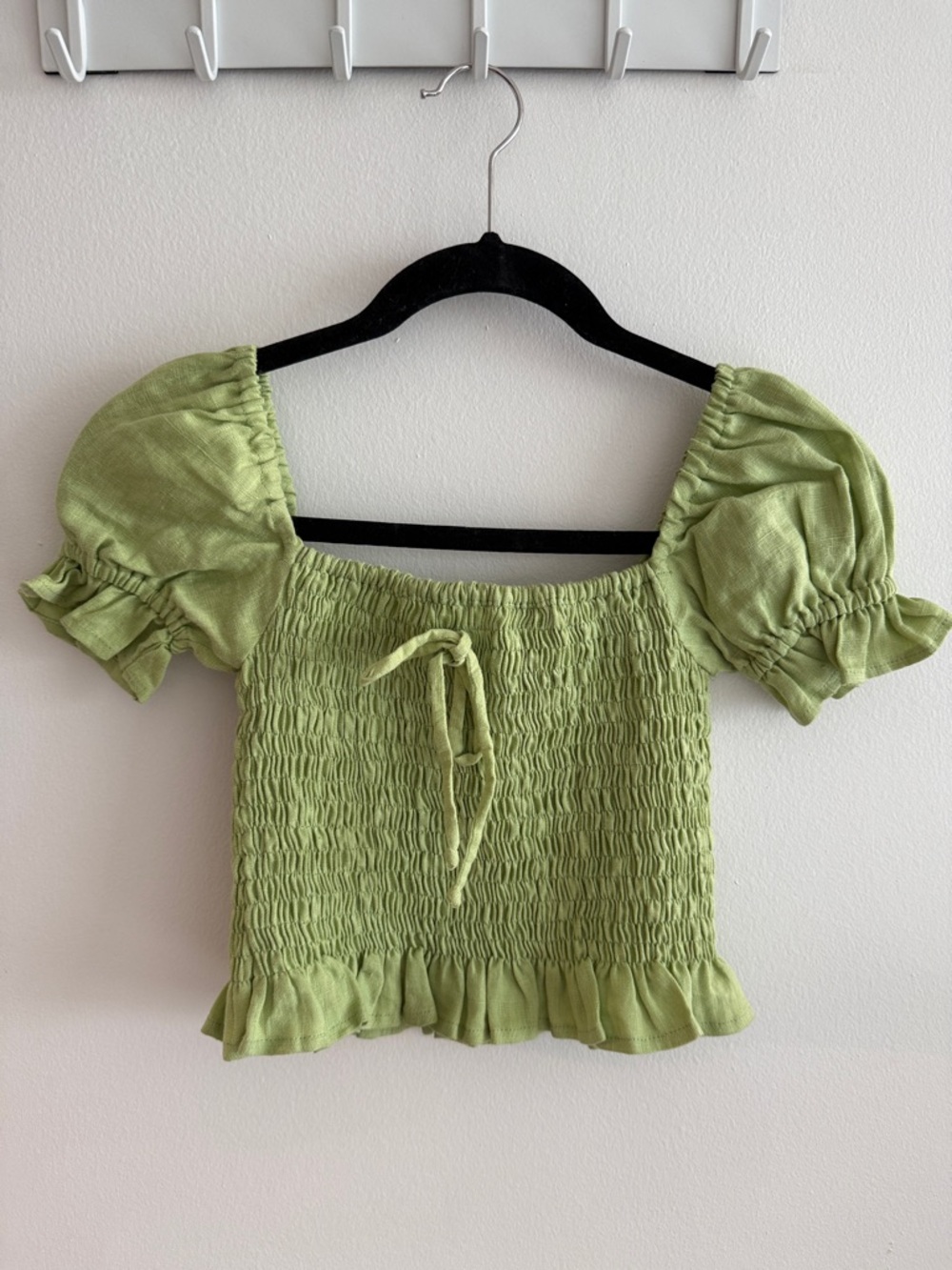 Faithfull the Brand LinenLight Green Smocked Puff Sleeve Crop Top - XS